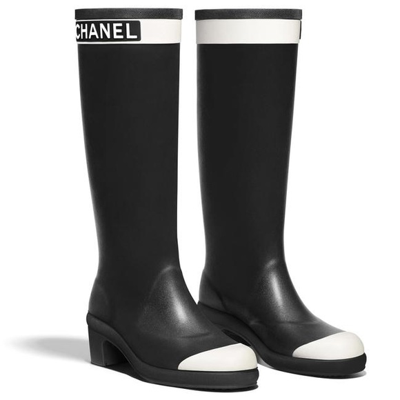 CHANEL Shoes - Chanel Chanel Black White signature Rain Boots